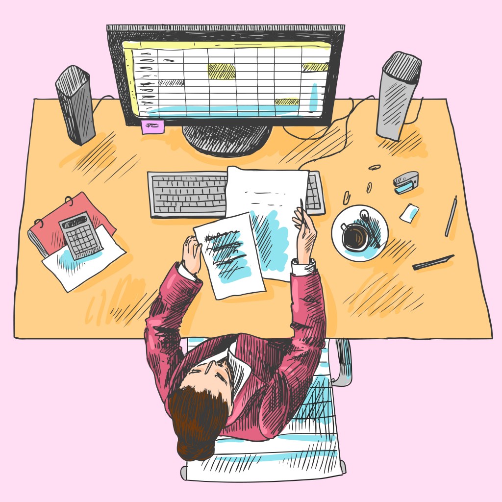 Accountant office employee work place tools with woman sitting on table colored top view sketch  illustration